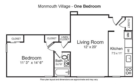 Floor plan for 1 bed, 1 bath